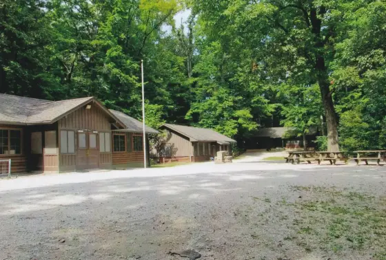 Cabins and picnic tables under tall trees at Family Camp